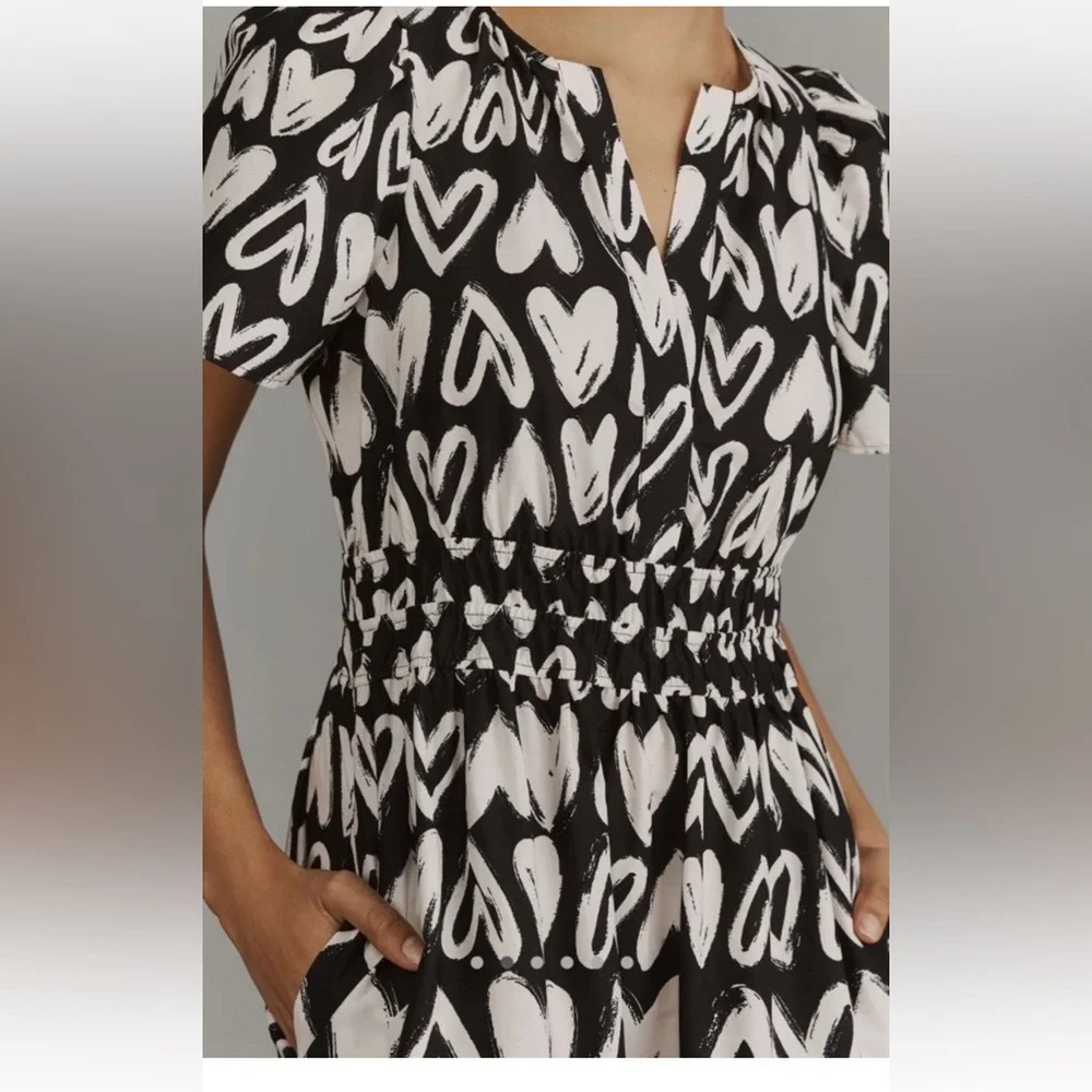 Anthropologie The Somerset Maxi Dress Smocked Heart Edition Poplin Black White - Picture 2 of 7